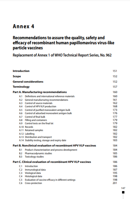 Recommendations to assure the quality, safety and efficacy of recombinant human papillomavirus virus-like particle vaccines, Annex 4, TRS No 999