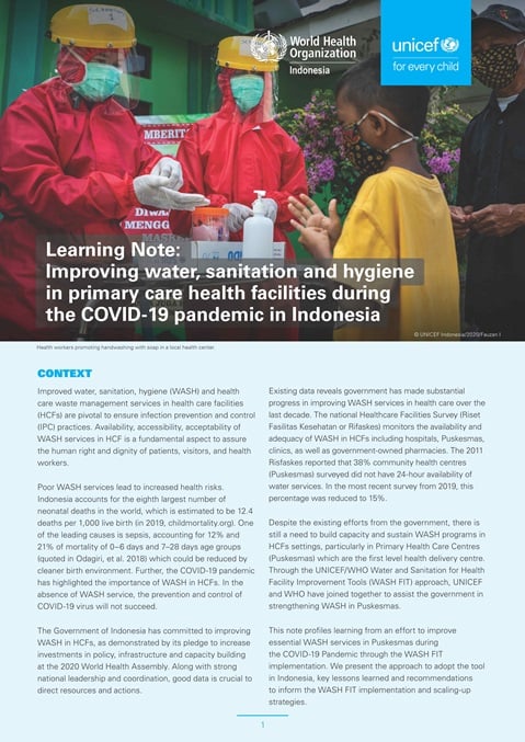 Learning Note:
Improving water, sanitation and hygiene
in primary care health facilities during
the COVID-19 pandemic in Indonesia
